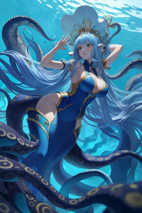 In the depths of a mysterious underwater world, an enchanting woman clad in traditional anime-style attire finds herself in a perilous situation. The woman, with her long, flowing hair and captivating blue eyes, is being swallowed by a colossal octopus, it...