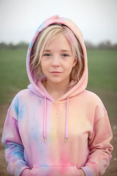Beautiful American college student, wearing sweatshirt, gazing at viewer, Festival Holi Color, portraite, Hyper detailed POV, por Lee Jeffries, Nikon D850, film stock photography ,4 Kodak Portra 400 ,f1 camera.6 lenses ,rich colors ,hyperrealisti ,realisti...