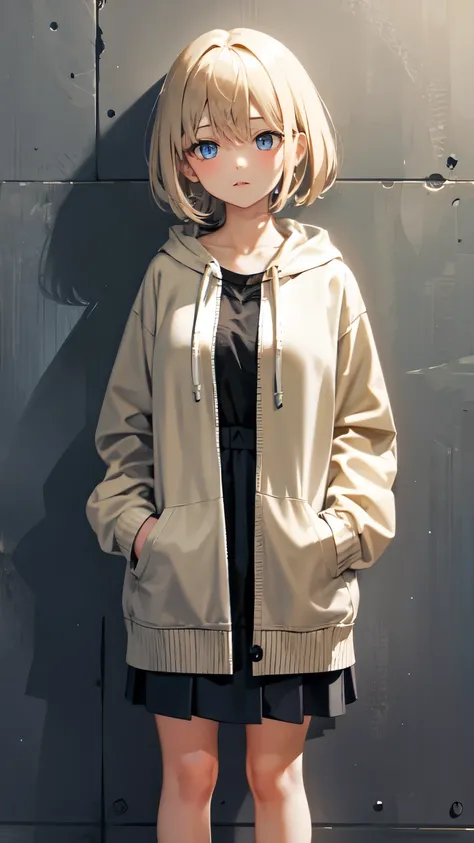 ((front)), A girl with short beige hair and blue eyes wearing a hoodie and skirt, whole body, To the tip of the shoe, front, Standing still, Plain background, 