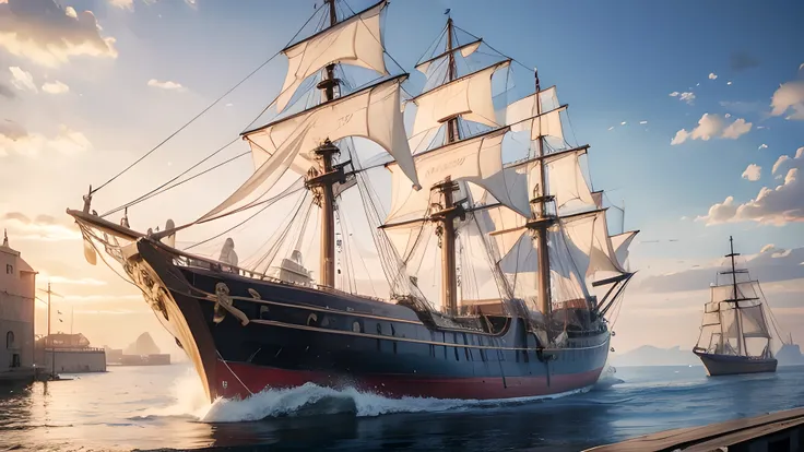 Masterpiece, (Realistic, photo realistic:1.5), medieval military ports, Sailing ship, daytime