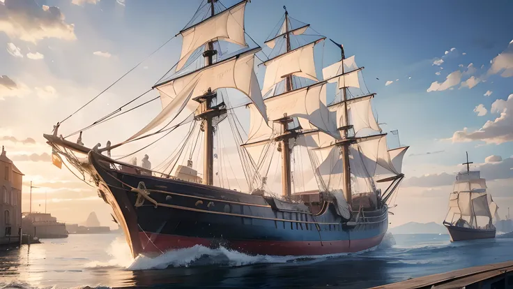 Masterpiece, (Realistic, photo realistic:1.5), medieval military ports, Sailing ship, daytime
