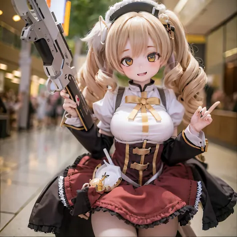 (Tabletop), Highest quality, Expressive eyes, Perfect Face　　　　Laughter　Close your mouth　
　Huge boobs　Mami Tomoe of Madoka Magica　　Musket　Idol Costumes