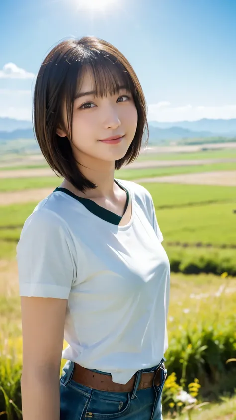 (highest quality,masterpiece:1.3,ultra high resolution),(Super detailed,caustics,8k),(photorealistic:1.4,RAW shooting),18-year-old,cute,Japanese,short bob black hair, (white t-shirt),(smile),look up at the camera,blue sky,sun,Backlight,(top of the hill),(T...