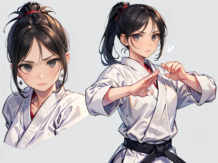 ((best quality)), ((masterpiece)), (detailed face and eyes), detailed hands and fingers, perfect face, accurate, textured skin, high details, Sharp focus A beautiful woman, Slim abdomen, Karateka, karate uniform, black hair, ponytail, Straight punch, loud ...