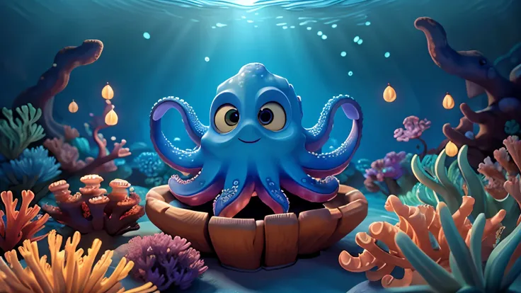 octopus,a detailed beautiful 3d animated underwater fantasy scene, disney design,dynamic lighting,photorealistic, 8k,