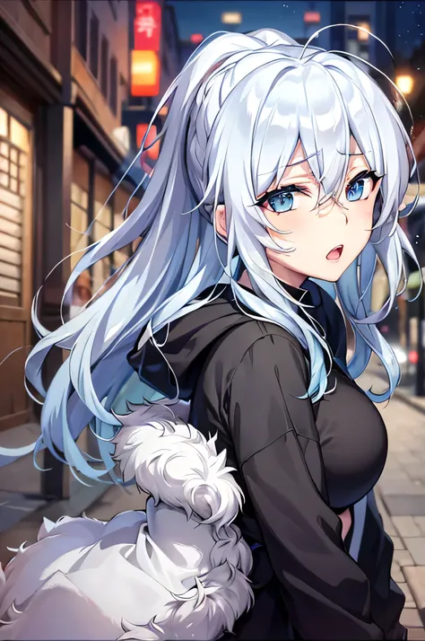 Yukino, Wearing a black hoodie，Silver hair and eyes, Cute girl anime visual, Animation screenshots, & Her expression is serious., A black face, In animation, In anime, Animated visual of a young woman, She has a cute expression, Anime Stills, Perfect breas...