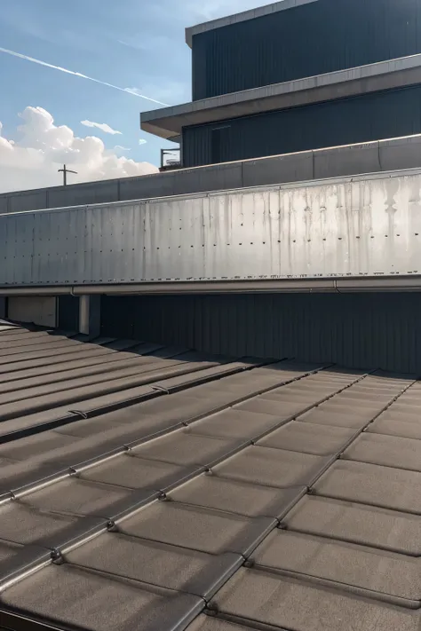 there is a large metal structure on the roof of a building, a picture by Daniel Lieske, reddit, superflat, metal panels, detiled, metal floor, photograph taken in 2 0 2 0, photo taken in 2 0 2 0, closeup photograph, roof background, sunken recessed indente...