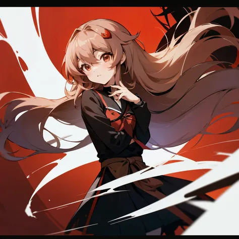 anime girl with long brown hair and a red eye and a black shirt and white skirt, Animation Moe Artstyle, Kantai Collection Style, (anime girl), animation style 4k, Animated visual of a cute girl, Animation Art Style, high quality Animation Art Style, cute ...