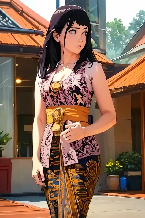 hinata, medium tits, busty, cleavage, gapura bali background, black hair, emotionless, ((green kebaya)), high resolution,