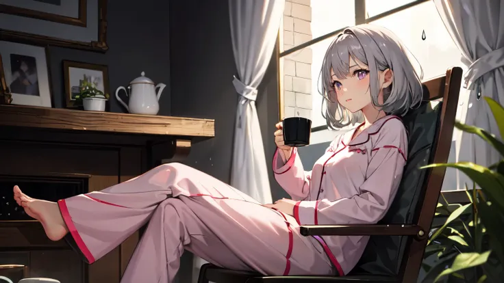 One girl, Pink pajamas,Gray Hair, Purple eyes, magic circle, Rain outside the window, Mug in hand,Depth of written boundary ,Outside the window, the sky is dark and rainy, Particles of light, light, Side Lighting, destiny (series),Sitting in a chair,One mu...