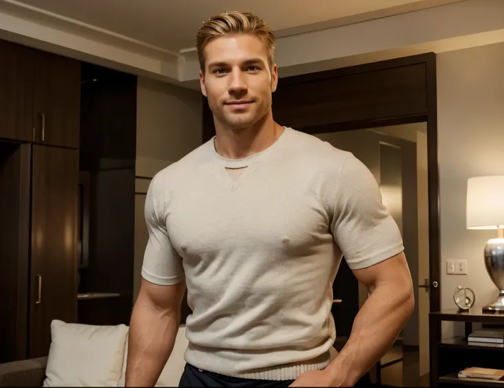 Generate an image of a 35-year-old man, 1.70 m tall, with an athletic and masculine physique, blonde hair, and a beautiful smile that conveysconfidence and charisma.
Place in a living room with a composition and lighting that naturally and artistically hig...