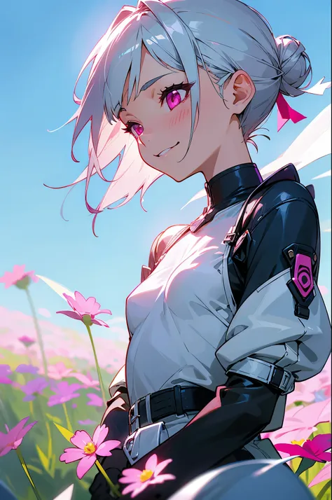 1 girl、riders jacket、small breasts、Silver short bob hair clip tied into a bun、shining pink eyes、strong pleasure on the face、From the side、gloves、evil smile、A meadow full of flowers、blown by the wind、blue sky、upper body close-up、sharp outline
