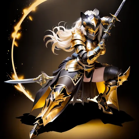 There is a woman dressed as a knight holding a large sword., Dressed in ancient battle armor, Black and gold armor, Black and gold armor, Knight in golden cat armor, black armored uniform, A black helmet that covers the eyes, Cyber Japan Samurai Armor, fem...