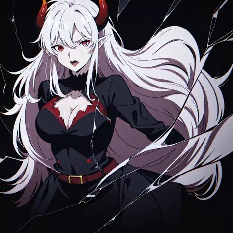 ((1adult woman,solo,milf,mature female)),red eyes,red lipstick,horns,angry,white hair,long hair,black dress,cleavage,elf ears,(((hair over one eye))),black background,broken glass