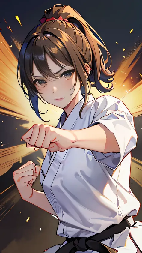 ((best quality)), ((masterpiece)), (detailed face and eyes), detailed hands and fingers, perfect face, accurate, textured skin, high details, Sharp focus A beautiful woman, Slim abdomen, Karateka, karate uniform, black hair, ponytail, (Straight punch:1.3),...