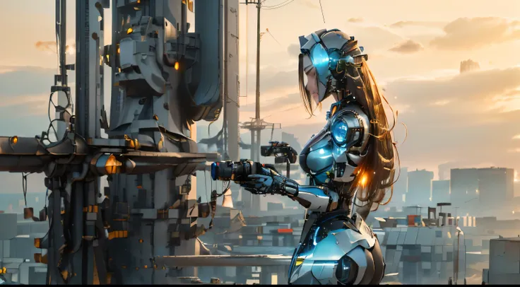 There is a robot standing on the 5G base station signal transmission tower,With an eye like a camera, robot in construction, Robots lurking in the background, Monsters in the background, Data Center, Highly detailed visual effects scene, stunning vfx, Visu...