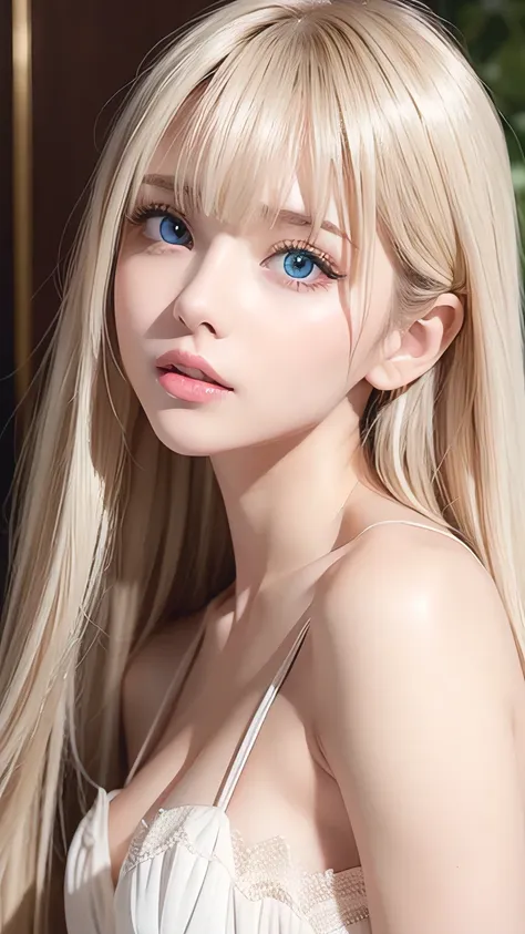 portrait、、bright expression、young, lustrous, glowing, white skin、the best beauty、blonde reflection、platinum blonde hair with gor...