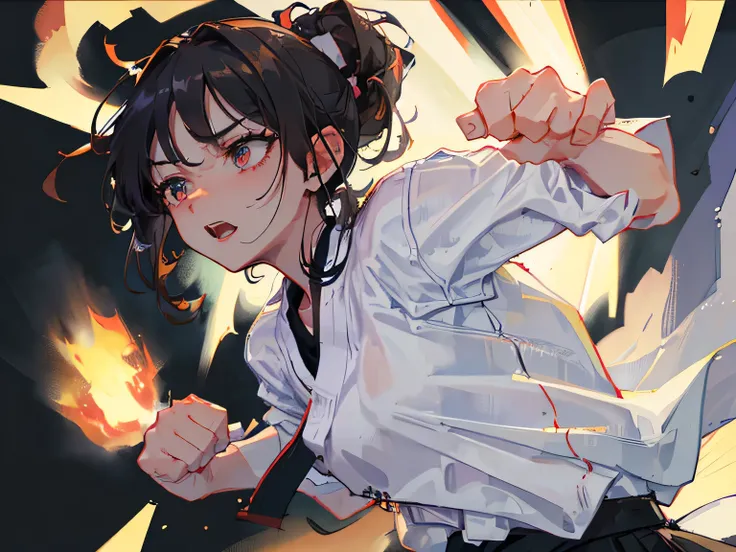 ((best quality)), ((masterpiece)), (detailed face and eyes), detailed hands and fingers, perfect face, accurate, textured skin, high details, Sharp focus A beautiful woman, Slim abdomen, Karateka, karate uniform, karate girl, high school student, black hai...