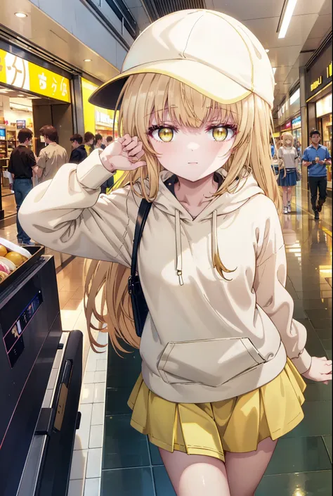 mahirushiina, Mahiru Shiina, bangs, Blonde, Brown Hair, (Yellow Eyes:1.3), smile,Open your mouth,Baseball cap,Oversized yellow hoodie,Short sleeve,mini skirt,black tights,short boots,Walking,Clear skies,Daytime,
break indoors,Shopping mall,
break looking a...