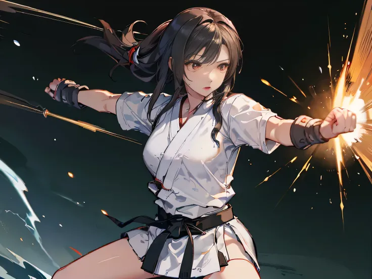 ((best quality)), ((masterpiece)), (detailed face and eyes), detailed hands and fingers, perfect face, accurate, textured skin, high details, Sharp focus A beautiful woman, Slim abdomen, Karateka, karate uniform, karate girl, high school student, black hai...