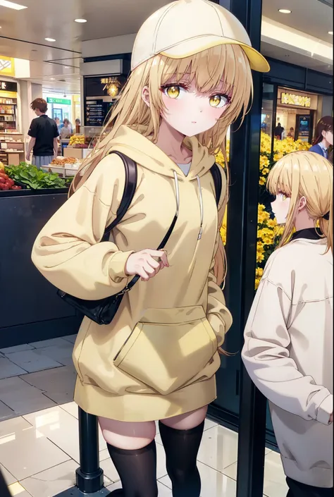 mahirushiina, Mahiru Shiina, bangs, Blonde, Brown Hair, (Yellow Eyes:1.3), smile,Open your mouth,Baseball cap,Oversized yellow hoodie,Short sleeve,mini skirt,black tights,short boots,Walking,Clear skies,Daytime,
break indoors,Shopping mall,
break looking a...