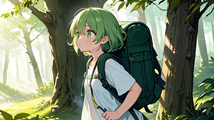 A girl heading to a music festival held in the forest
climber style
I walk heavy with my hand on my backpack
He looks exhausted, but looks forward to the festival.

green, yellow-green