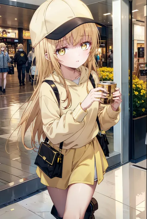 mahirushiina, Mahiru Shiina, bangs, Blonde, Brown Hair, (Yellow Eyes:1.3), smile,Open your mouth,Baseball cap,Oversized yellow hoodie,Short sleeve,mini skirt,black tights,short boots,Walking,Clear skies,Daytime,
break indoors,Shopping mall,
break looking a...