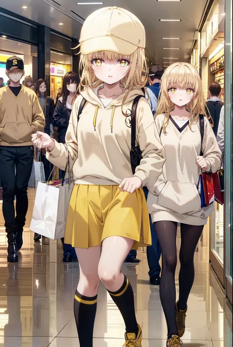 mahirushiina, Mahiru Shiina, bangs, Blonde, Brown Hair, (Yellow Eyes:1.3), happy smile, smile, Open your mouth,Open your mouth,Baseball cap,Oversized yellow hoodie,Short sleeve,mini skirt,black tights,short boots,Walking,Clear skies,Daytime,
break indoors,...