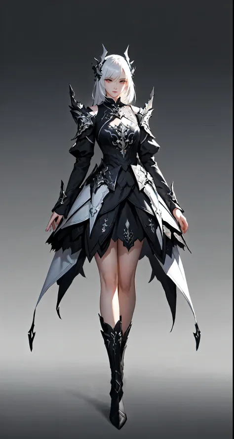 Picture of a woman wearing black and white clothes, author:Yang J, Stunning character art, Beautiful full body concept art, Stunning 8K character concept art, Light black armor, Fantasy Costume, dark fantasy character design, Interesting character design, ...