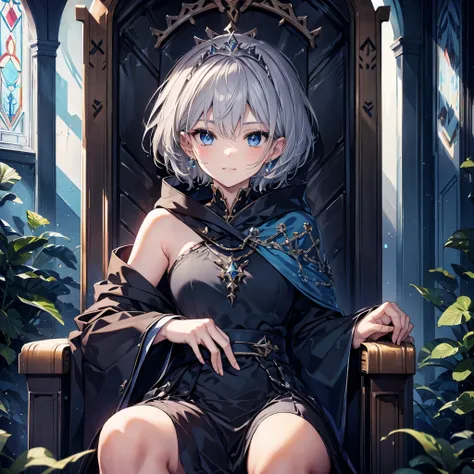 ((((Queen　Sitting on the throne))))　(((Gray Hair　short hair　blue eyes　woman　Center close-up)))，((Stained glass　tiara　Rest your elbows))，(Black Dress　Wearing a cloak)，smile　Showing teeth　Shining Background　Shining Edges