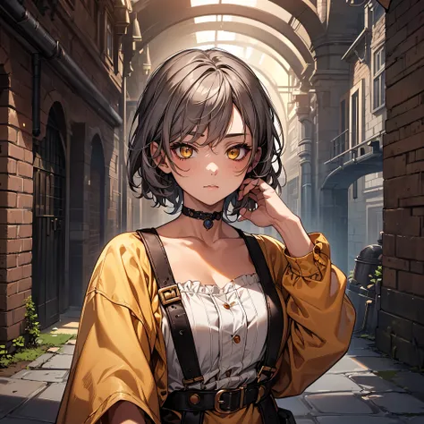 masterpiece, Highest quality, Perfect Face, Highest Resolution, Highest quality,Detailed depiction of the eyes, 1 girl, young, deep tan skin, slate gray hair, short hair, upturned eyes, Yellow Orange eyes, Perfect Anatomy, steampunk, ribbon choker, coveral...