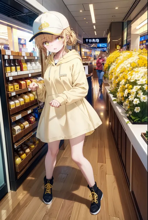 mahirushiina, Mahiru Shiina, bangs, Blonde, Brown Hair, (Yellow Eyes:1.3), happy smile, smile, Open your mouth,Open your mouth,Baseball cap,Oversized yellow hoodie,Short sleeve,mini skirt,black tights,short boots,Walking,Clear skies,Daytime,
break indoors,...