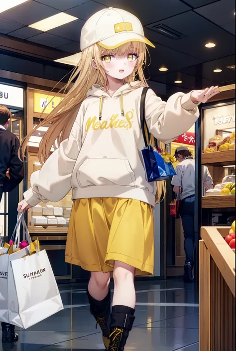 mahirushiina, Mahiru Shiina, bangs, Blonde, Brown Hair, (Yellow Eyes:1.3), happy smile, smile, Open your mouth,Open your mouth,Baseball cap,Oversized yellow hoodie,Short sleeve,mini skirt,black tights,short boots,Walking,Clear skies,Daytime,
break indoors,...