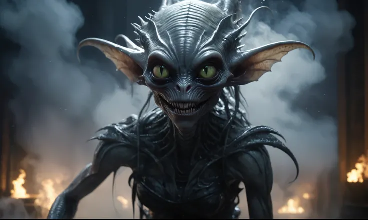 full body length,niobium goblin,native africa xenomorph,once pretty face,eyebrow up,full body shot,ominous landscape,niobium gray atmosphere,photo,photorealism,Masterpiece,hyper natural skin textures, hyper realism,hyper detailed,High contrast,Realism,Ultr...