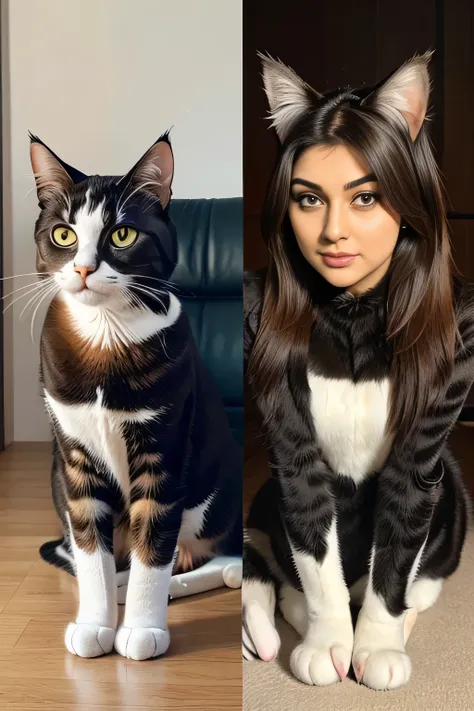 Create Hansika Motwani as a Cat, She is a animal but her head looks like girl, from neck to full body looks like Cat. Cat legs, Cat body, perfect picture, perfect Cat, real Cat, Real head replace with real Cat head. Exact Cat. Cat moustache.