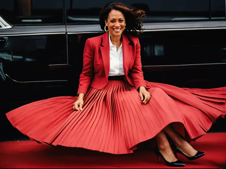 Kamala Harris, A smiling, authentic, (shy:1,3), kind, beautiful woman, is passionately in love with her skirt, wind wildly lifts her skirt, wearing uniform jacket and very, very detailed (long (fully pleated) full circle skirt) and (low heeled court shoes)...