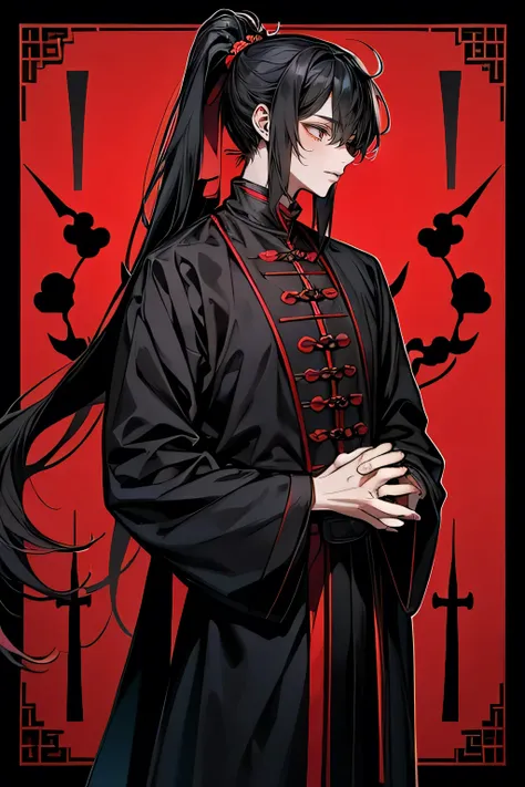 antiquity，Single ponytail，man，Adult male，Taoist priest costume，Black clothes，immortal，Fairy wind road bone，long hair，black hair，red eyes，Standing，hands behind the back