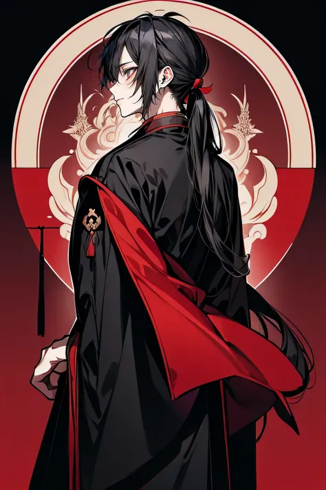 antiquity，Single ponytail，man，Adult male，Taoist priest costume，Black clothes，immortal，Fairy wind road bone，long hair，black hair，red eyes，Standing，hands behind the back