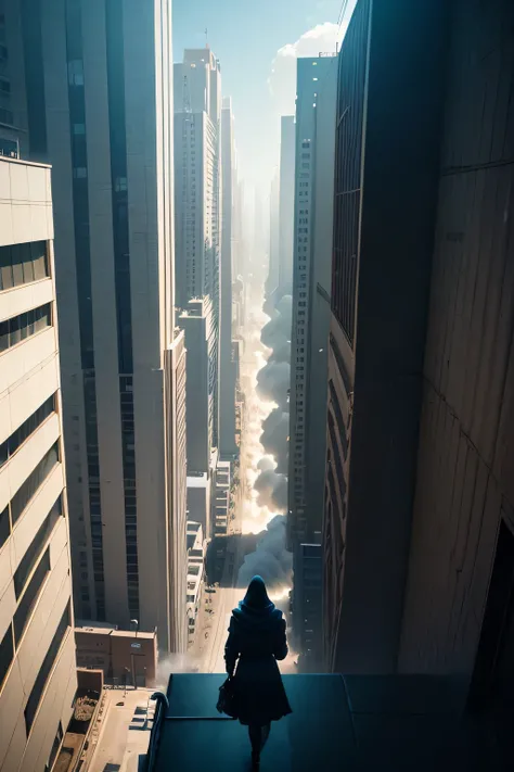 image taken from behind the shoulder of a woman from behind and DRESSED WITH A HOOD from the balcony of a futuristic building with, She is looking at an aerial view of an ultrafuturistic North American megalopolis, she tries to jump over the railing, view ...