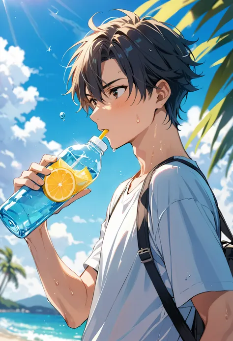 1boy,high school student,,summer,energetic,sweat,holding plastic bottle,drinking lemonade,summer breeze,depth of field,