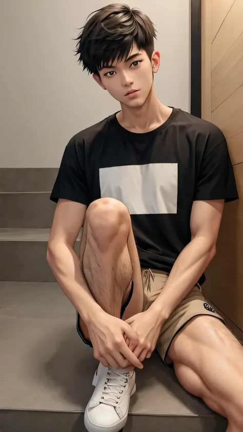 ((super sharp focus)), ((((hairy legs)))), hairy legs, toned legs, whole body, two block, Messy short hair, long legs, Japan male, 27 years old, wearing beige shorts, wearing a black T-shirt, very short hair, black hair