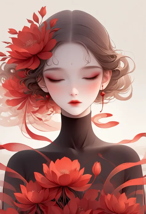 (masterpiece, best quality:1.2), 1 girl, solitary,pretty face，red fatism art nouveau，illustration style，black and red，flowers