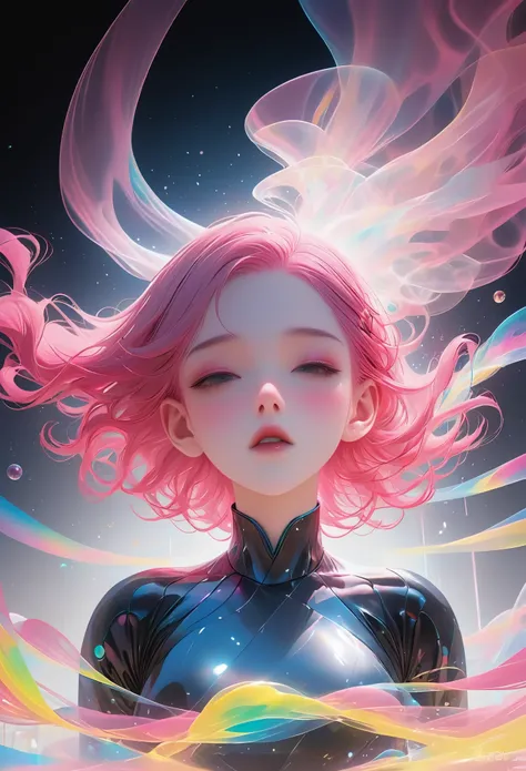 cyberpunk, pink hair, futurism, surreal, ultra wide angle, wide-angle lens, look up, dynamic movement, expressive, full of energ...