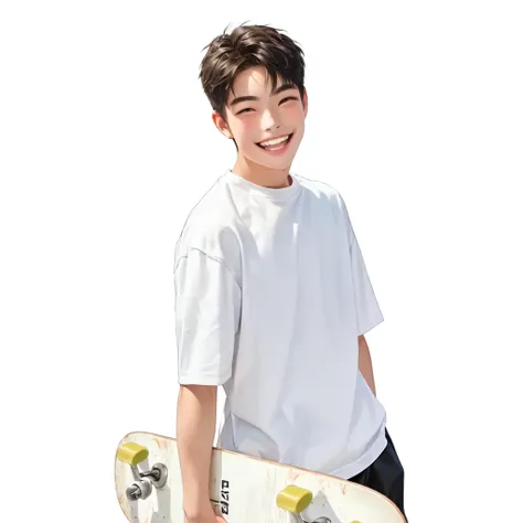 Smile，Smiling and showing White Teeth，White Teeth，Clean teeth，laughing out loud，happy，There is a little boy with a skateboard on the sidewalk，Male teenager，Portrait of a 15 year old boy，White background，Teenage Boy，High quality portrait，skateboard，Portrait...