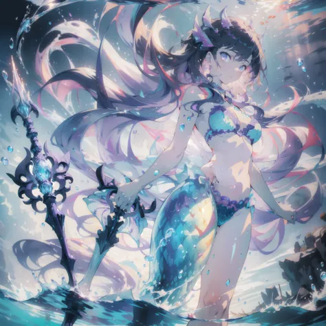 ((masterpiece, best quality)), Epic battlefield atmosphere，Delicate face，Mermaid Under the Sea，Holding a staff，whole body，Standing picture，glowing purple eyes，Large Breasts，Gradient white long wavy hair，Perfect body proportions，Pure white background，Water ...