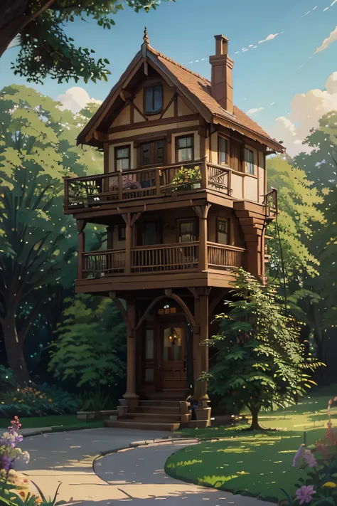 a close up of a painting of a tree and a house, rhads and thomas kinkade , ghibli artstyle, studio ghibli artstyle, studio ghibli sky, high quality 3840 x 2160, tree house, concept art , 4k ultra sharp
