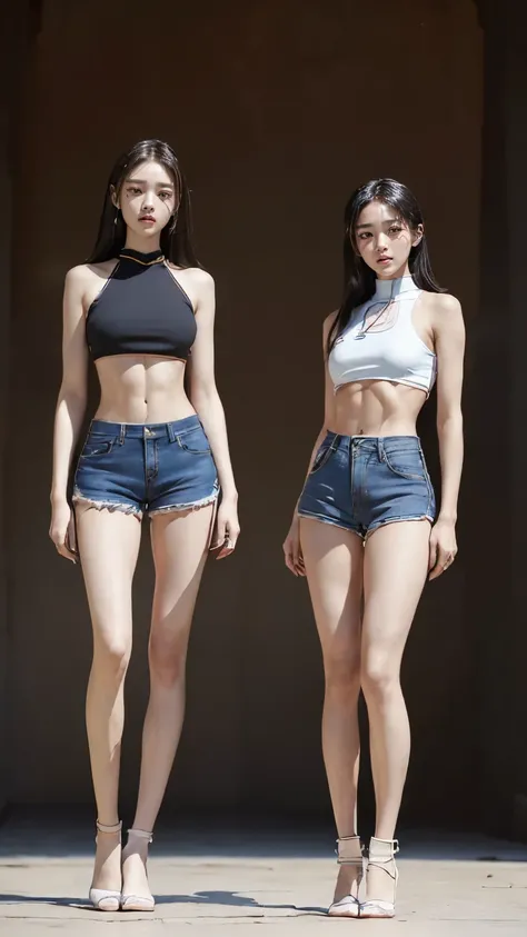 (8K、Raw photo、最high quality、masterpiece:1.5),(((((((Both of them stand with their legs apart:1.9))))))),(((((Both of them have an inseam that is more than half their height.:1.8))))),((Both have bare legs:1.6)),((Both of them are super slim:1.4))，(((((Two ...