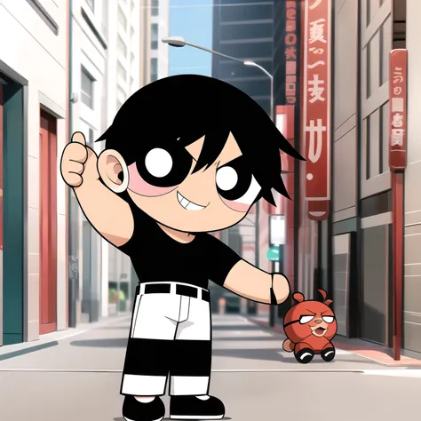 fushiguro toji, muscular male, black shirt, short sleeves, pants, cute smile, full body, chibi, black hair, background, (((Solo)))