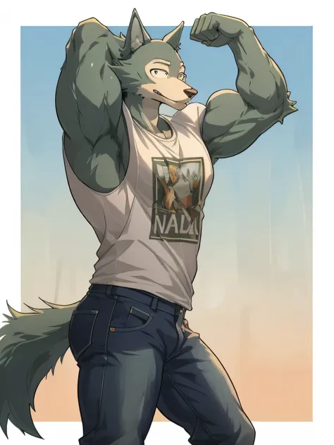 legoshi, beastars, muscular, body-builder, lobo, the second, large pectorals, venous muscles, huge muscles, thin waist, tight bl...