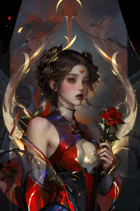 (masterpiece, best quality:1.2), 1 girl, solitary,pretty face，red fatism art nouveau，illustration style，black and red，flowers